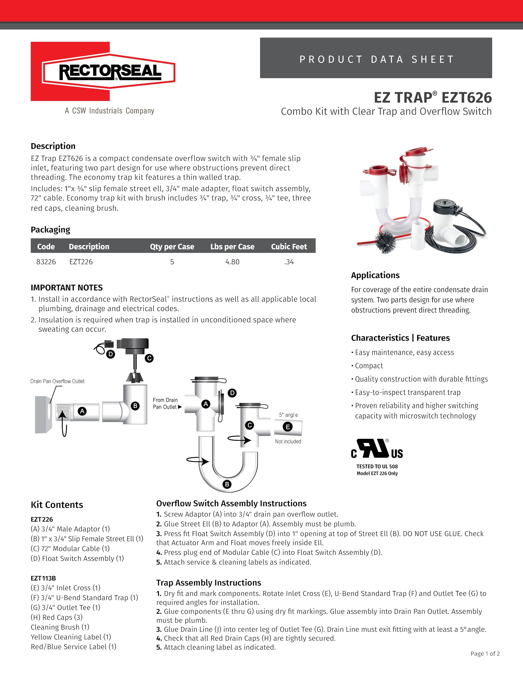 Rectorseal 83626 2 EZ Trap 626 Overflow Switch - Faucet